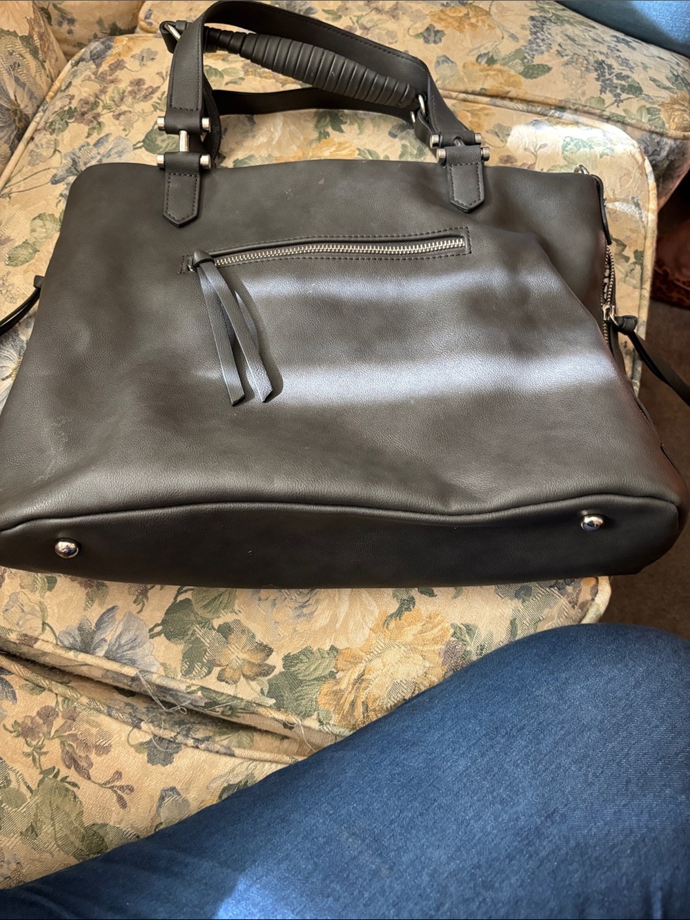 Black Faux Leather Handbag with Beige & Black Printed Lining